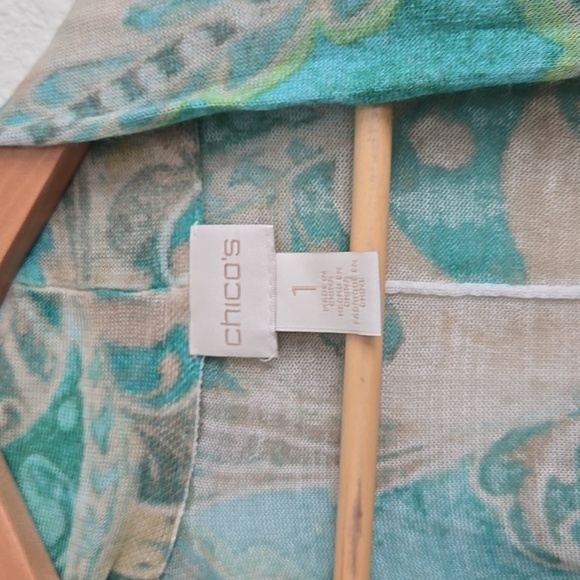 Chico's Green and Cream Open Front Lightweight Cardigan Office Business Casual - Picture 2 of 6